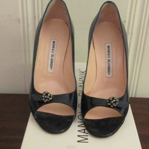 Manolo Blahnik Dark Navy Patent Leather Peep Toe Rhinestone Ball - Picture 1 of 7